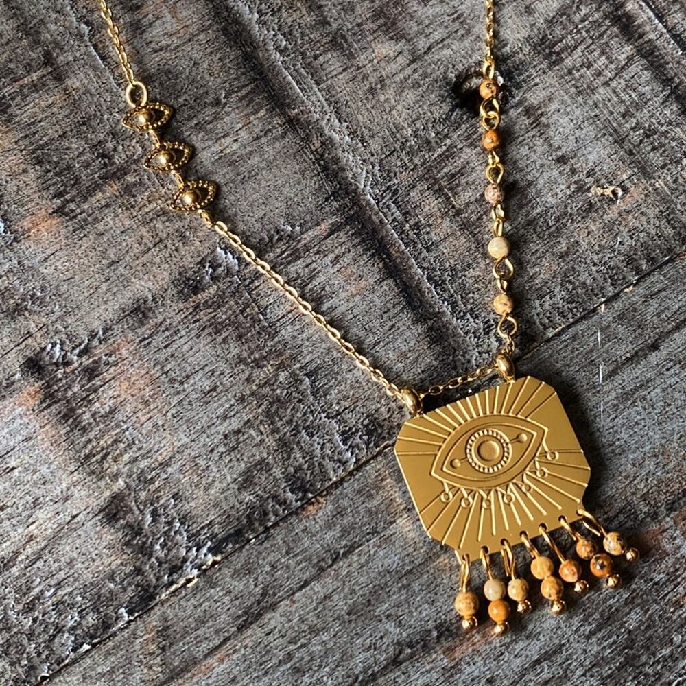 NEW Gold Evil Eye & Stone Pendant Necklace - Picture 3 of 8